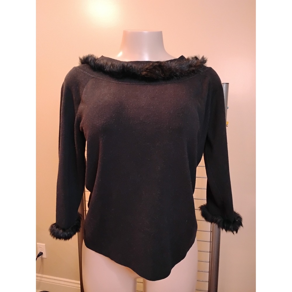 Sweaterworks Black Silk Blend Rabbit Hair Fur Trim Boat Neck Sweater XL